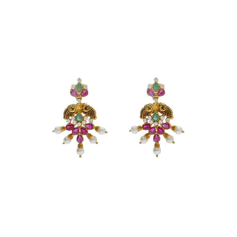 Black Gold Earrings-22K Yellow Antique Gold Starburst Earrings W/ Emeralds, Rubies, CZ & Pearls