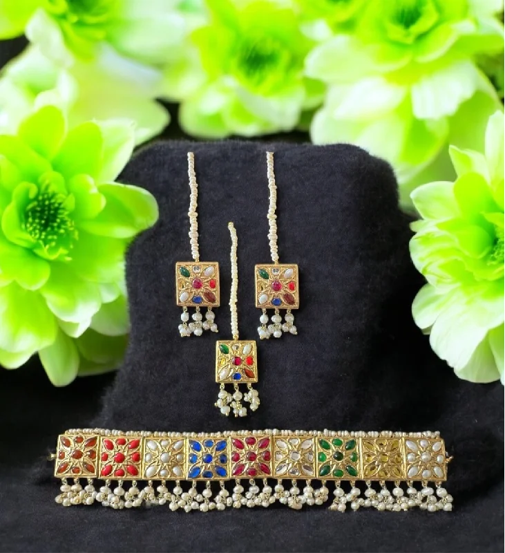 Rustic Gemstone Earrings-C536 Navratan bridal choker earrings and Tika set in fresh water pearls ( READY TO SHIP )