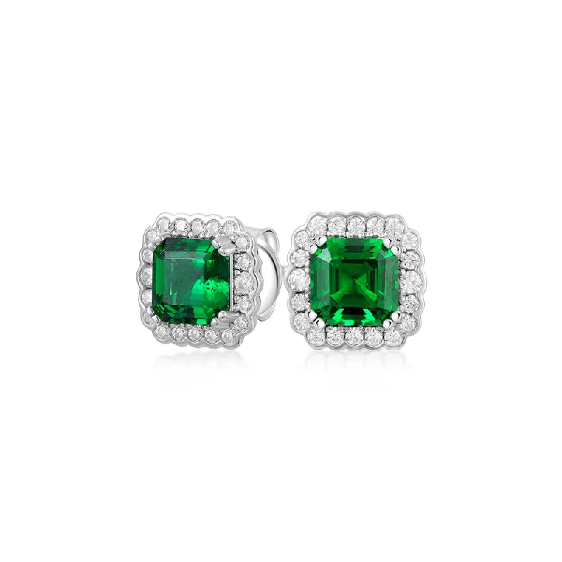 Gold Hoop Earrings-Asscher and Round Brilliant halo stud earrings with emerald simulants and 0.42 carats* of diamond simulants in sterling silver