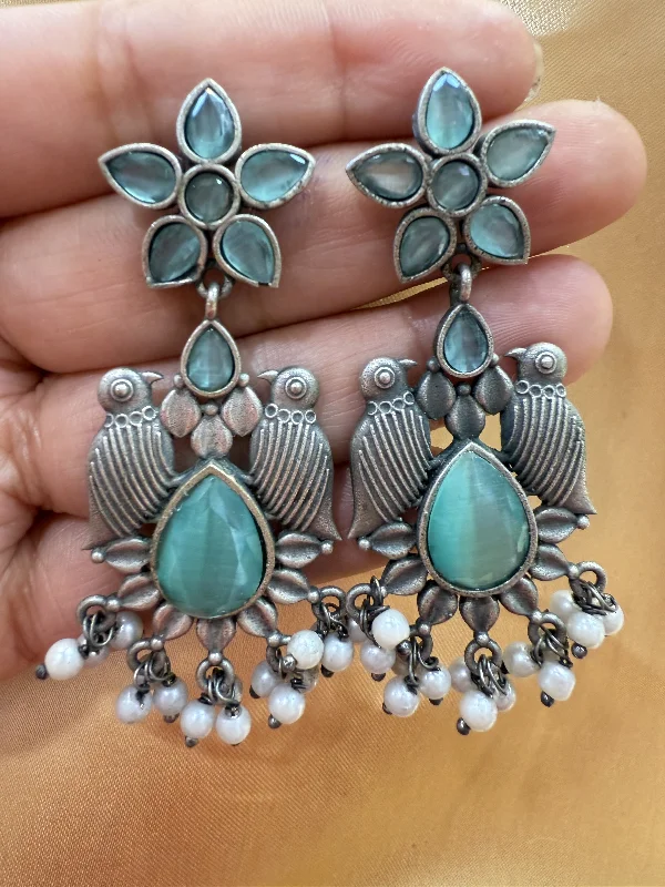 Gemstone Hoop Earrings-Appealing Oxidized Sky Blue Stone And Beaded Work Bird Designs Earrings For Women