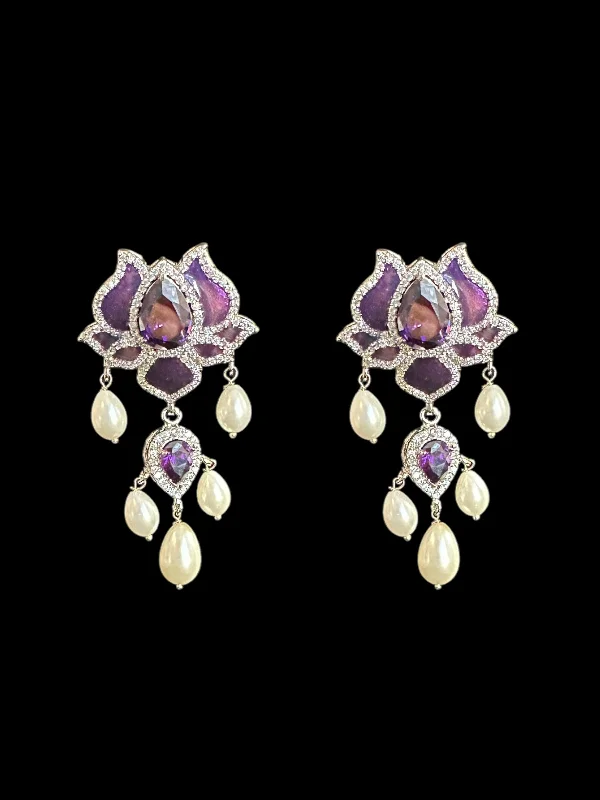 Wedding Dangle Earrings-ET573 Maria lotus dangler earrings in purple / amethsyt cz  ( READY TO SHIP )