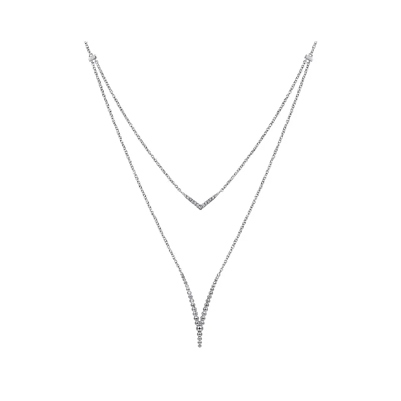 Minimalist Diamond Necklace-20" 925 Sterling Silver White Sapphire and Beaded Chevon Necklace