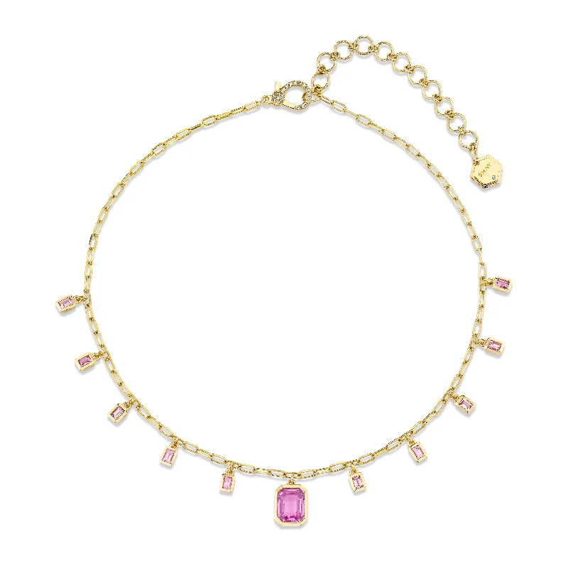 Statement Beaded Necklace-PINK SAPPHIRE BAGUETTE DROP CHOKER