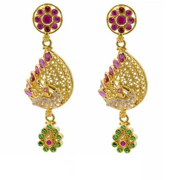 Vintage Boho Earrings-22K Yellow Gold Peacock Earrings W/ Rubies, Emeralds, & Cubic Zirconia