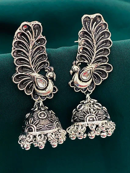 Gemstone Drop Earrings-Beautiful Peacock Model Designer Silver Oxidized Earrings For Women