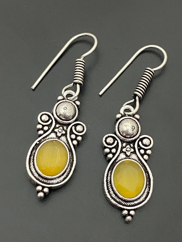 Large Bead Earrings-Elegent Silver Oxidized Earring With Yellow Stone