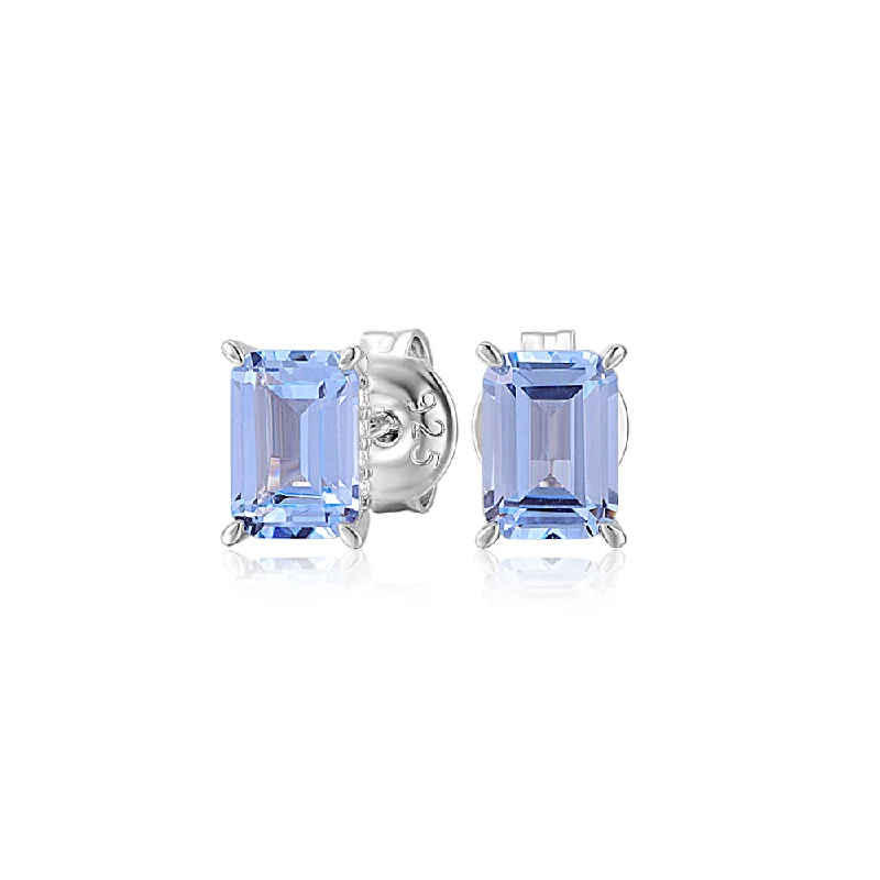 Layered Earrings for Women-Emerald Cut stud earrings with blue topaz simulants in sterling silver