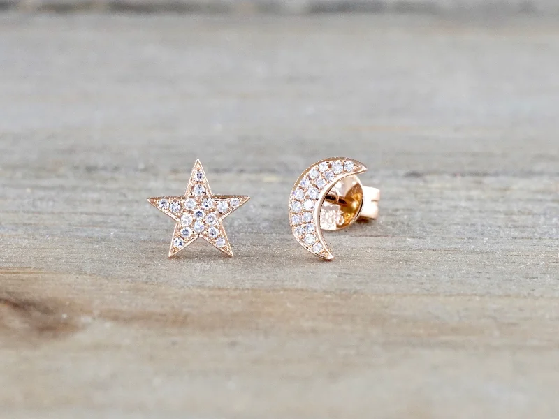 Stylish Stud Earrings-Moon and Star Micro Pave Diamond Stud Earrings