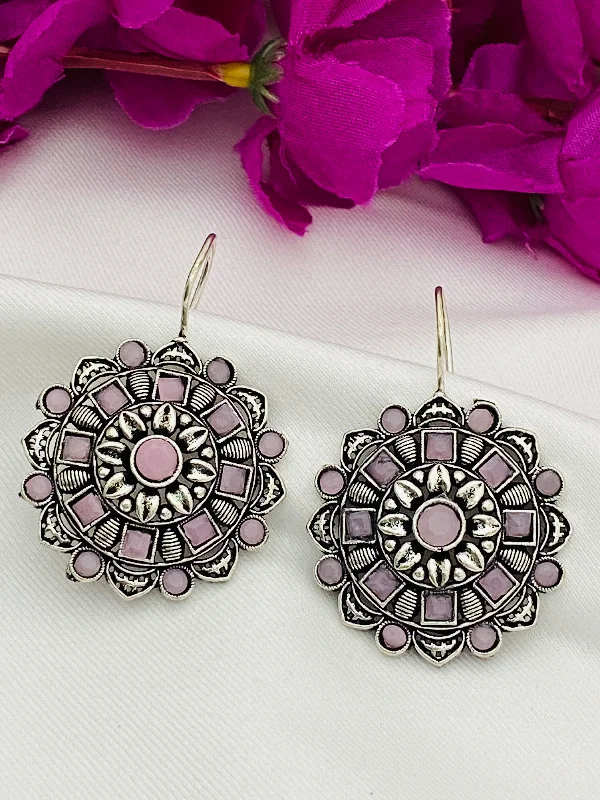 Artistic Designer Earrings-Attractive Pink Stone Beaded Silver Plated Floral Charm Dangle Hook Earrings