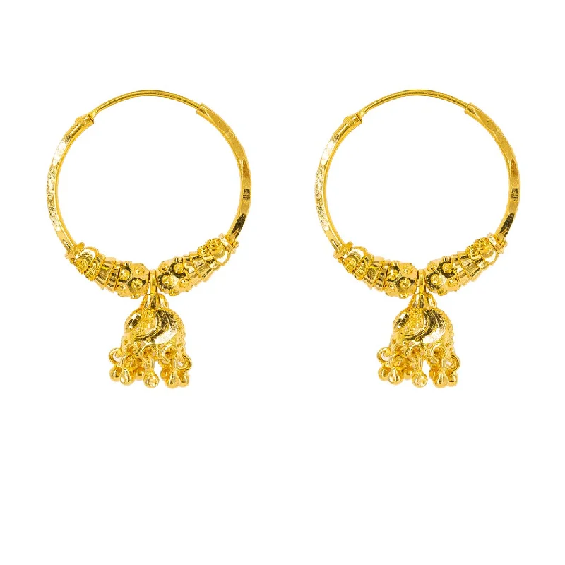 Fashion Bead Earrings-22K Yellow Gold Hoop Earrings W/ Gold Caps & Hanging Accents, 6.4 grams