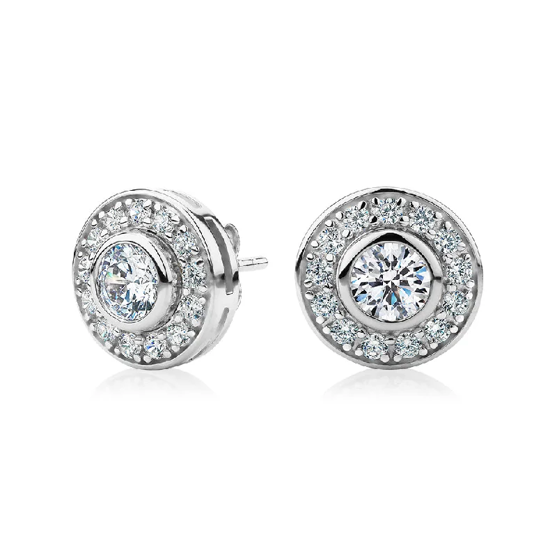 Fashionable Ear Cuffs-Round Brilliant halo stud earrings with 1.9 carats* of diamond simulants in sterling silver