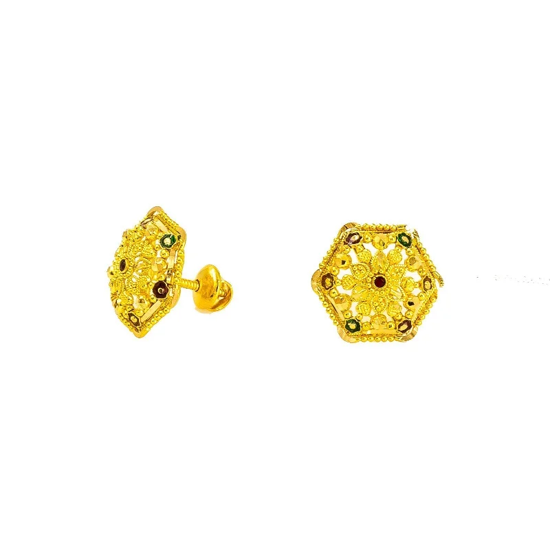 Pearl Stud Earrings for Weddings-22K Yellow Gold Stud Earrings W/ Meenakari Design on Hexagon Shield Frame