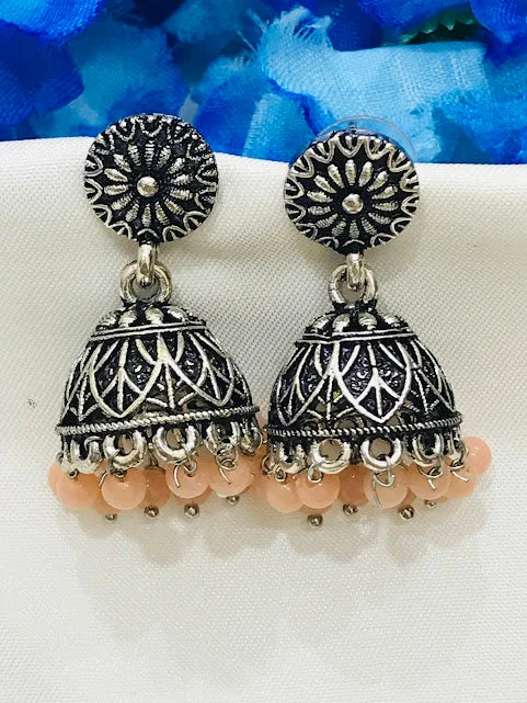 Pearl Drop Earrings-Stunning Peach Colored Oxidized Jhumka Earrings