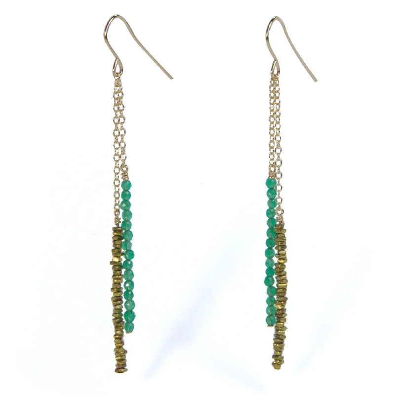 White Gold Earrings-Green Agate Beaded Earrings