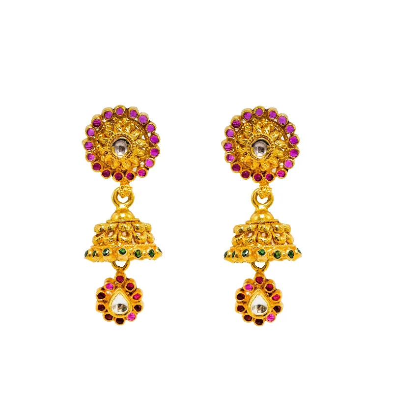 Funky Earrings for Teens-22K Yellow Gold Jhumki Earrings Earrings W/ Rubies, Emeralds, Kundan & Loop Detailed Drops