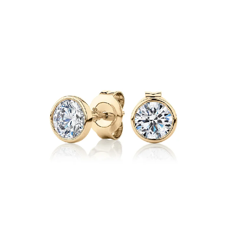 Luxury Gemstone Earrings-Round Brilliant stud earrings with 1 carat* of diamond simulants in 10 carat yellow gold