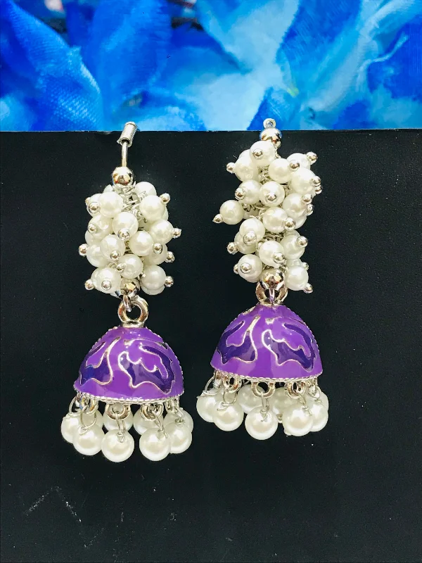 Elegant Dangly Earrings-Attractive Purple Color Oxidized Beaded Work Earrings For Women