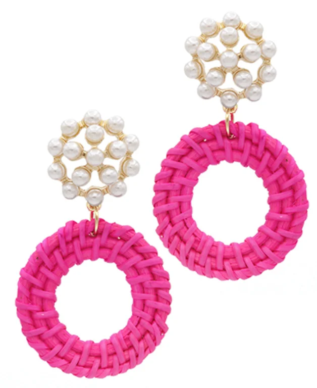 Natural Stone Earrings-Rattan Circle & Pearl Drop Earring