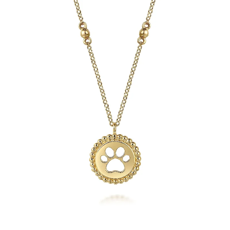 Gold Bead Pendant Necklace-14K Yellow Plain Gold Bujukan Dog Paw Medallion Necklace