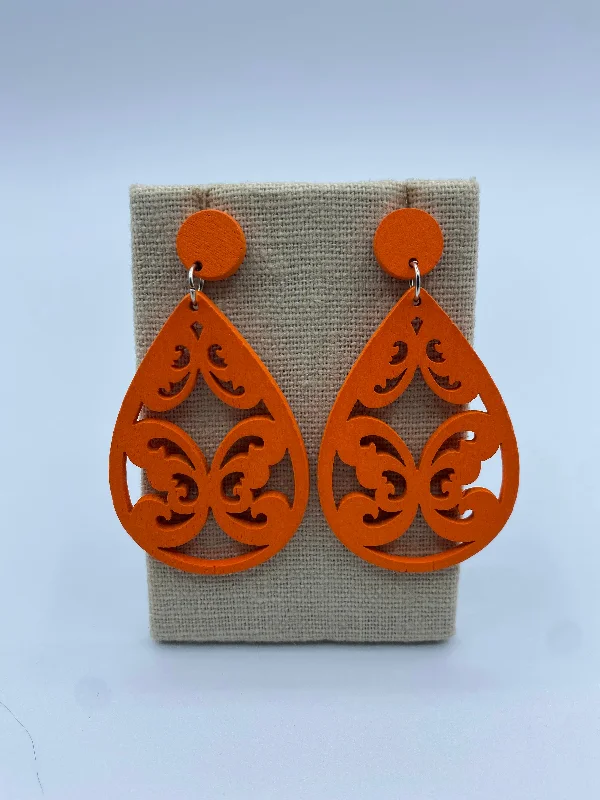 Layered Gold Earrings-Orange Wooden Teardrop Earrings