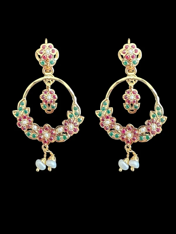 Textured Gold Earrings-92.5 silver gold plated Chandbali earrings in ruby emerald  ( READY TO SHIP )