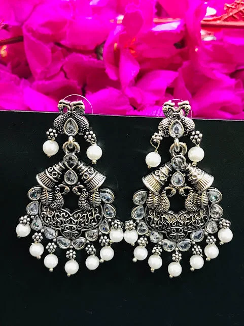 Luxury Wedding Earrings-Attractive White Colored Oxidized Earrings For Women