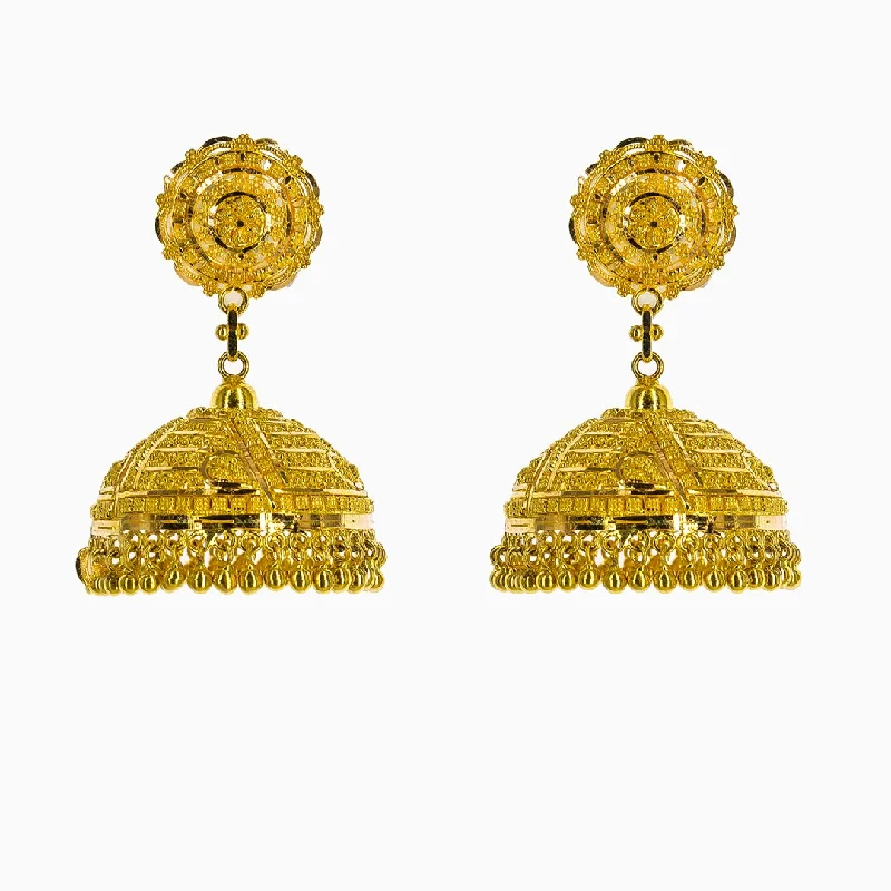 Clear Crystal Earrings-22K Yellow Gold Jhumki Drop Earrings W/ Beaded Filigree & Wide Ornate Domes