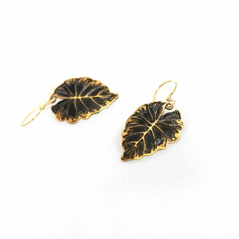 Antique Gold Earrings-Kalo Taro Leaf