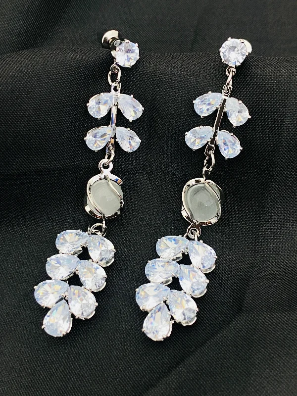 Unique Statement Earrings-Lovely White Stoned Silver Plated Trendy Earrings