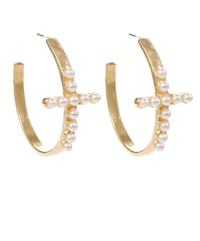 Eco-Friendly Earrings-Pearl Cross Hoop Earrings