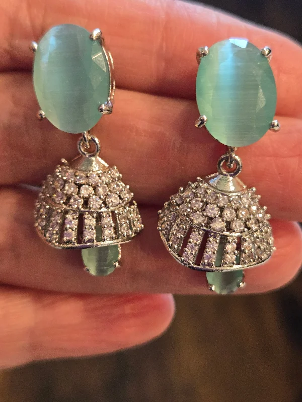 Turquoise Drop Earrings-Beautiful American Diamond Green Emerald Stone Jhumka Earrings