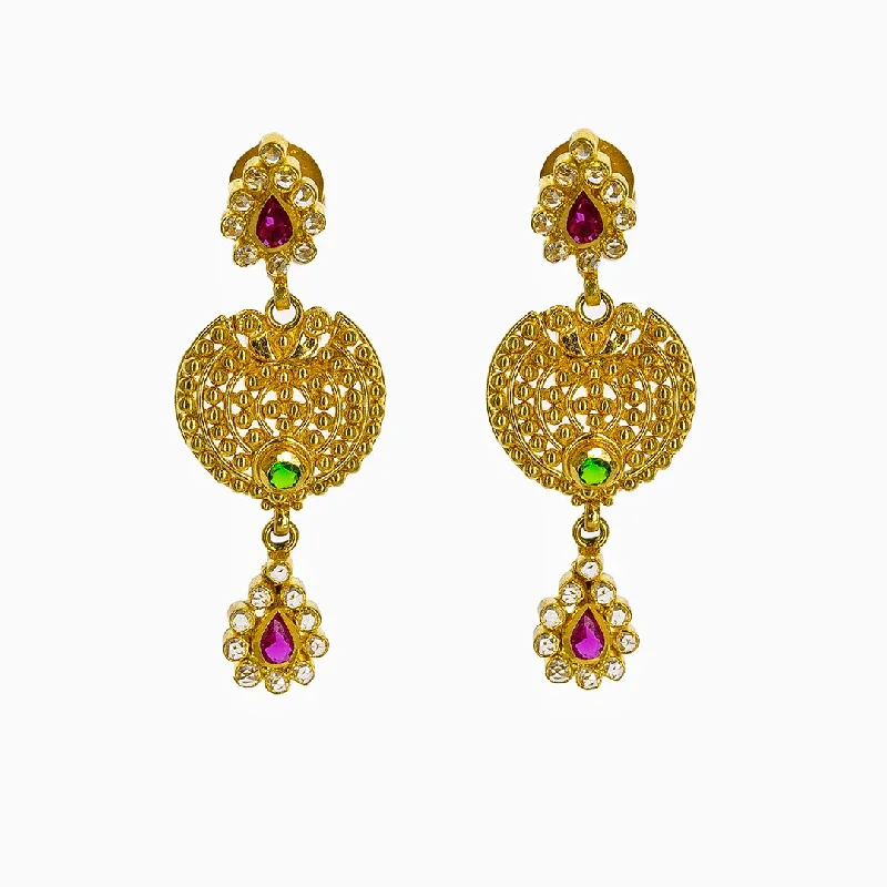 Bold Drop Earrings-22K Yellow Gold Drop Earrings W/ Emeralds, Rubies, CZ Gems & Gold Ball Shield Pendants