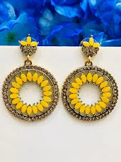 Shiny Crystal Earrings-Dazzling Antique Gold Yellow Colored Round Designed Earrings