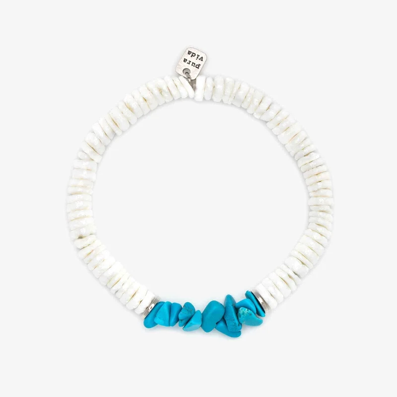 Silver Bar Bracelet-Puka Shell and Turquoise Chip Stretch Bracelet