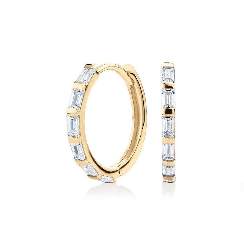 Yellow Gold Earrings-Baguette hoop earrings with diamond simulants in 10 carat yellow gold