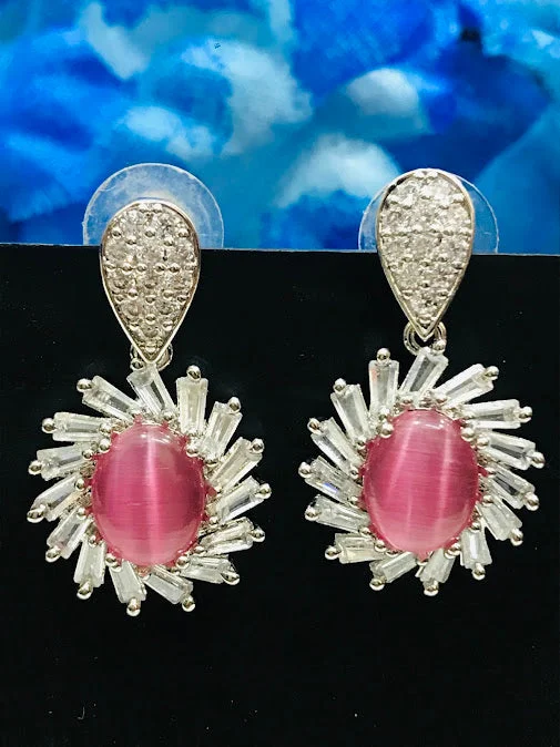 Modern Drop Earrings-Appealing Pink Color Stone Style AD Jhumka Earrings For Women