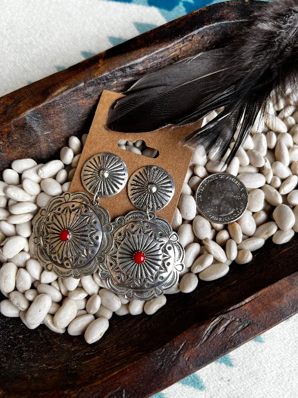 Spiral Silver Earrings-Sterling Silver Concho Earrings with Coral inlay