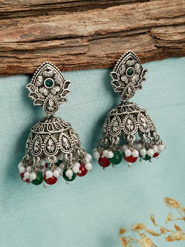 Colorful Gemstone Earrings-Silver-Plated Pearl-Studded Dome Shaped Jhumkas Earrings