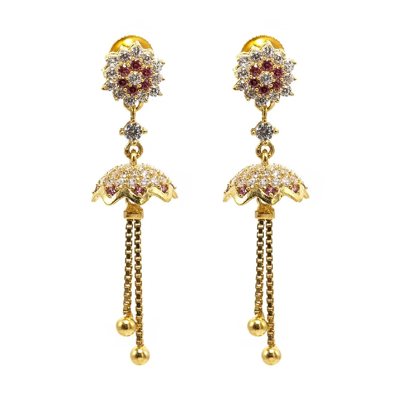 Elegant Dangle Earrings-22K Yellow Gold JhumkiDrop Earrings W/ Rubies, CZ Gems, Cluster Flowers & Chain tassels