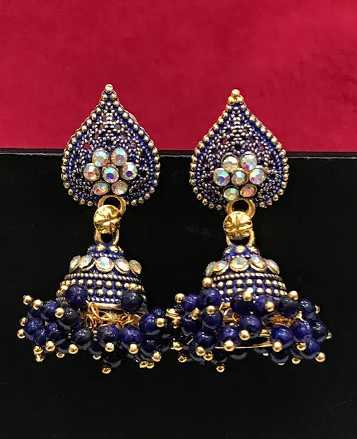 Colorful Crystal Earrings-Stunning Antique Gold Blue Color Drop Design Earrings For Women