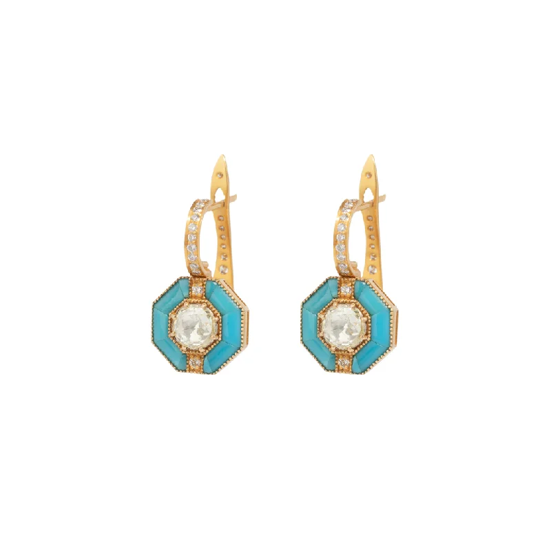 Trendy Hoop Earrings-Rose Cut Diamonds Edged in Turquoise Earrings