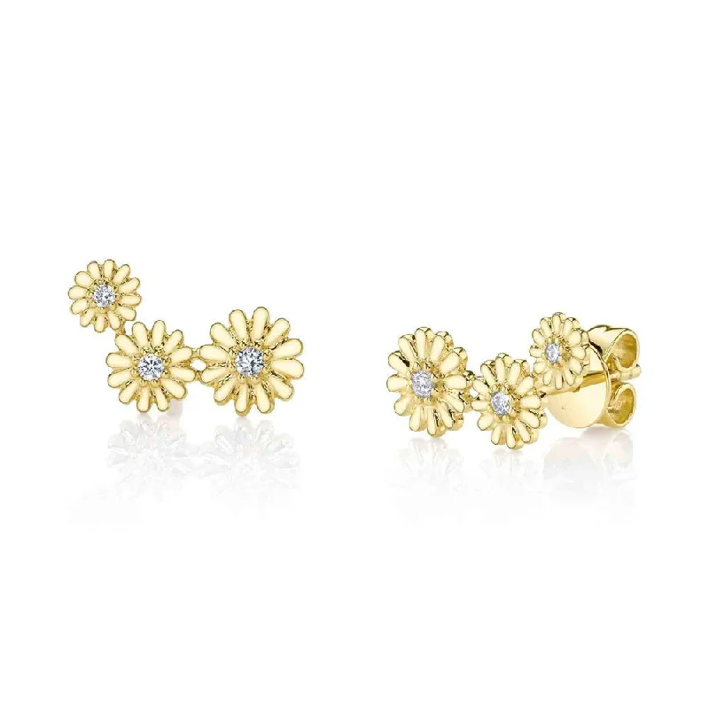 Simple Gold Earrings-14k Yellow Gold Diamond Cluster Flower Climber Earrings