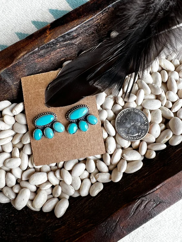 Chunky Silver Earrings-Multi stone Blue Gem Turquoise Stud Earrings