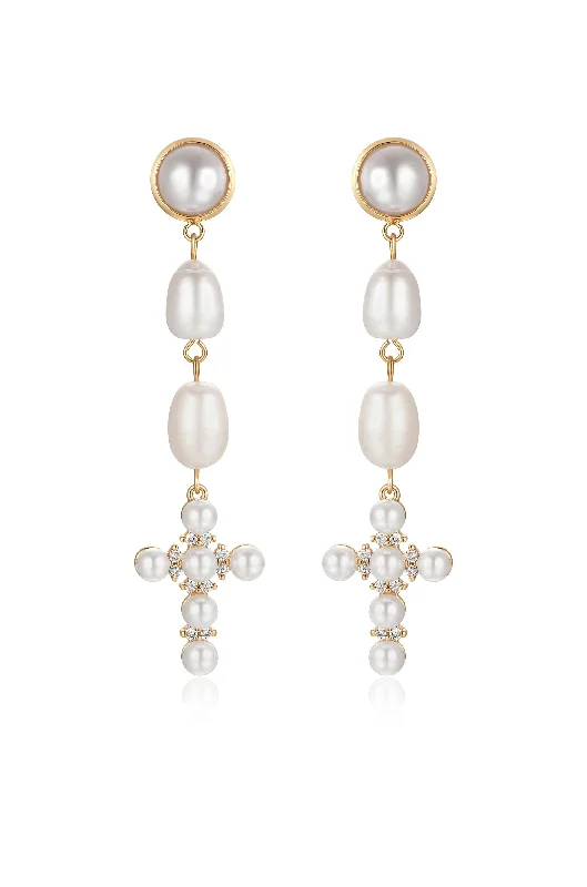 Diamond Drop Earrings-Pearl Cross Drop Earrings