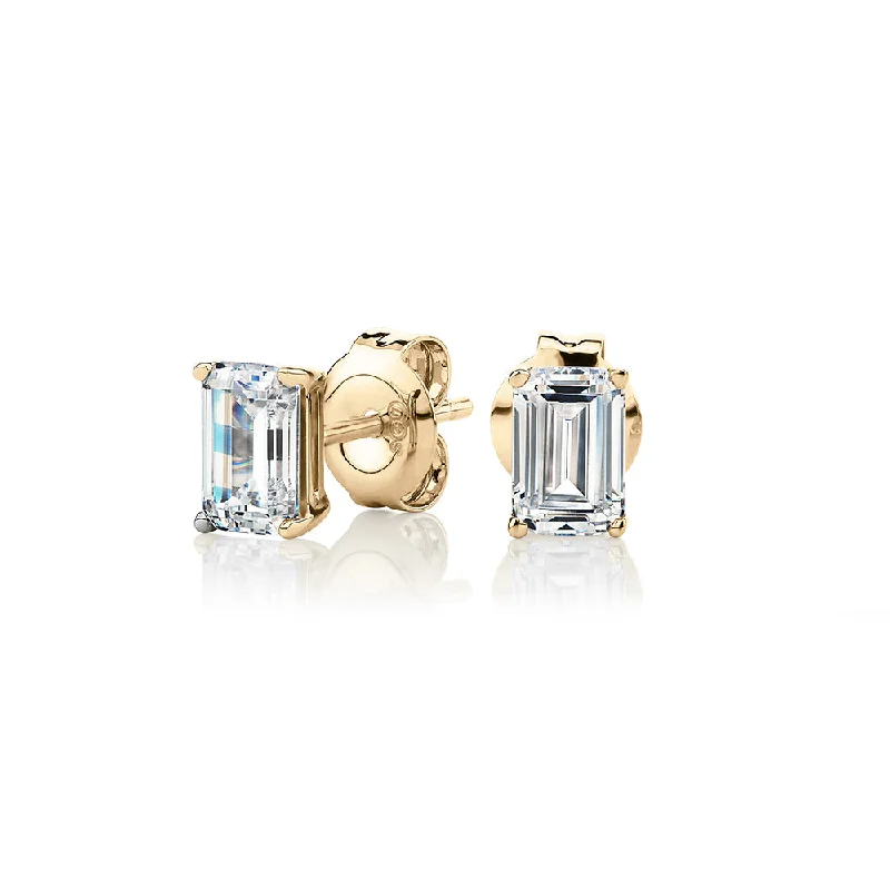 Gemstone Stud Earrings-Emerald Cut stud earrings with 1 carat* of diamond simulants in 10 carat yellow gold