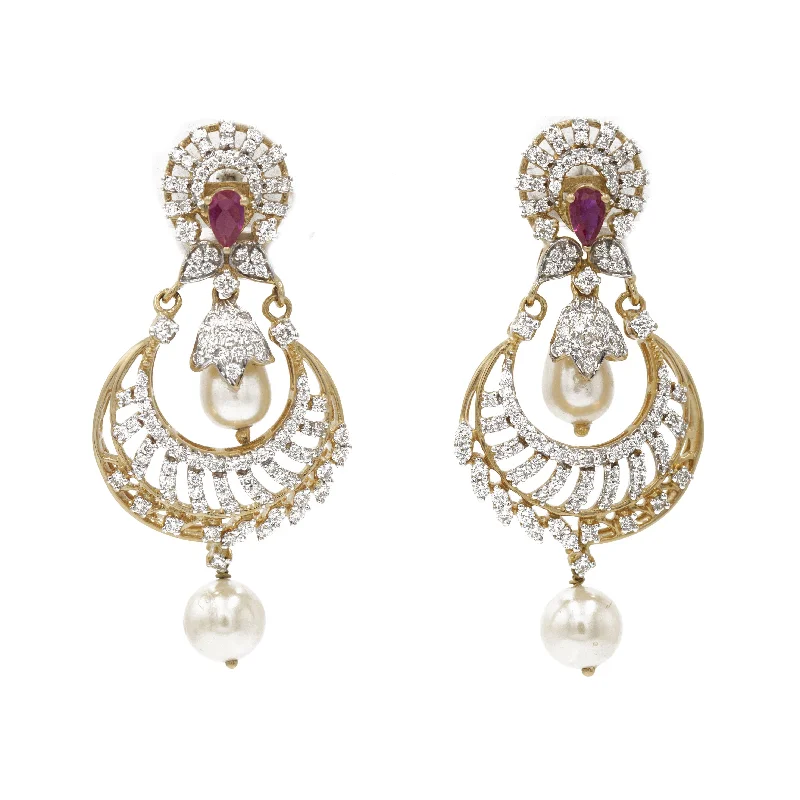 Statement Silver Earrings-1.75 ct Diamond drop earrings in 18k Yellow Gold with Ruby stones and Pearls