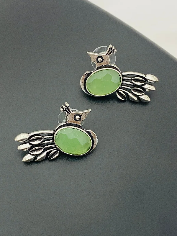 Rose Gold Hoop Earrings-Alluring Light Green Stoned Silver Replica Oxidized Peacock Designer Stud Earrings