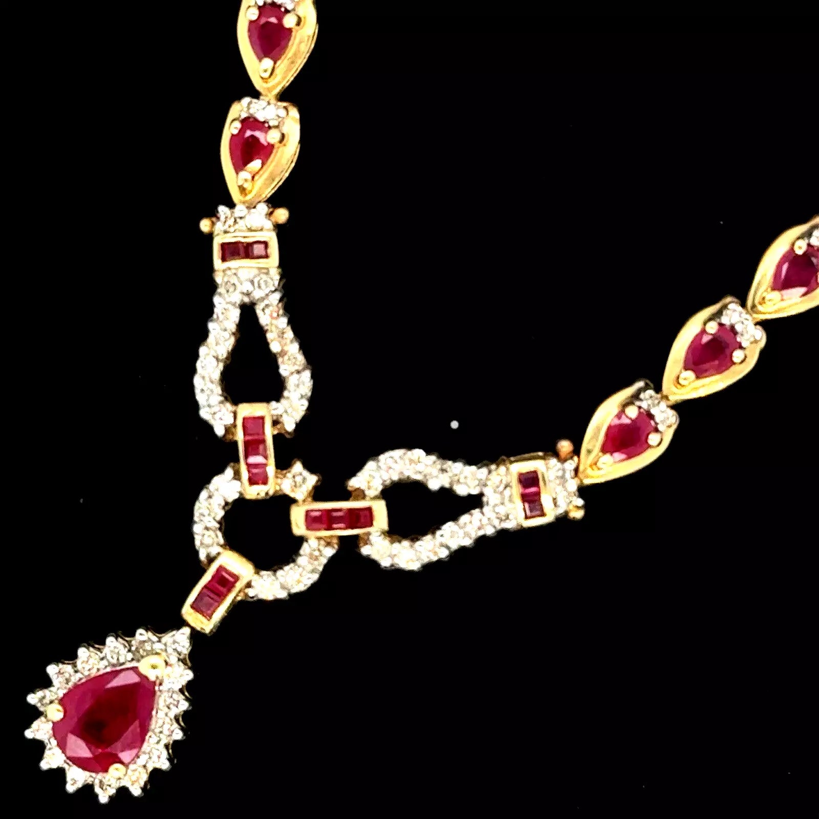 Crystal Charm Necklace-Vintage Estate 14k Yellow Gold Precious Ruby Diamond Toggle Necklace 1.15 ctw