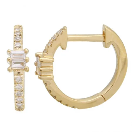 Handmade Hoop Earrings-14k Yellow Gold Diamond Baguette Huggie Earrings