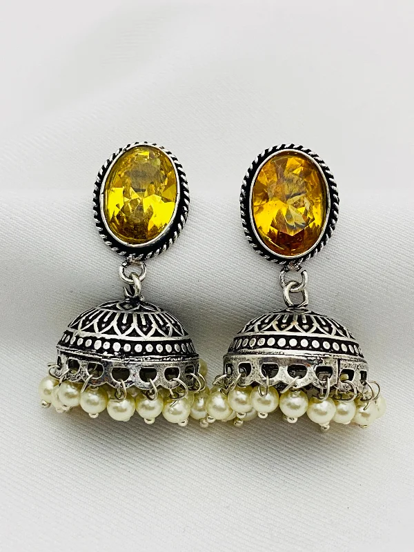 Gemstone Dangle Earrings-Attractive Yellow Color Designer Oxidized Jhumkha Earrings For Women